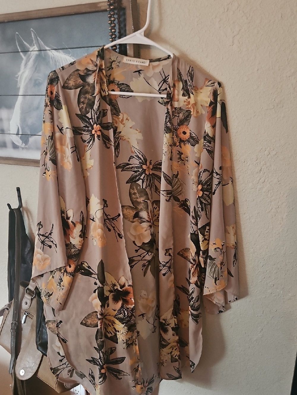 Chris & Carol Taupe Floral Top with Yellow and Black Accents